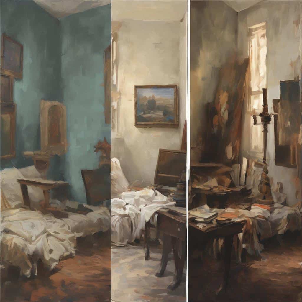 Ζωγραφική εσωτερικού χώρου με έργα τέχνης, αντικείμενα, και διακόσμηση, προσωποποιημένη ως τέχνη και ιστορία ζωής.