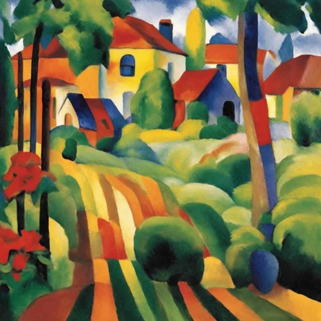 Φωτογραφία πίνακα με πολυμορφία χρωμάτων και σπιτιών, αναδεικνύοντας την τέχνη και προσωπική ιστορία.