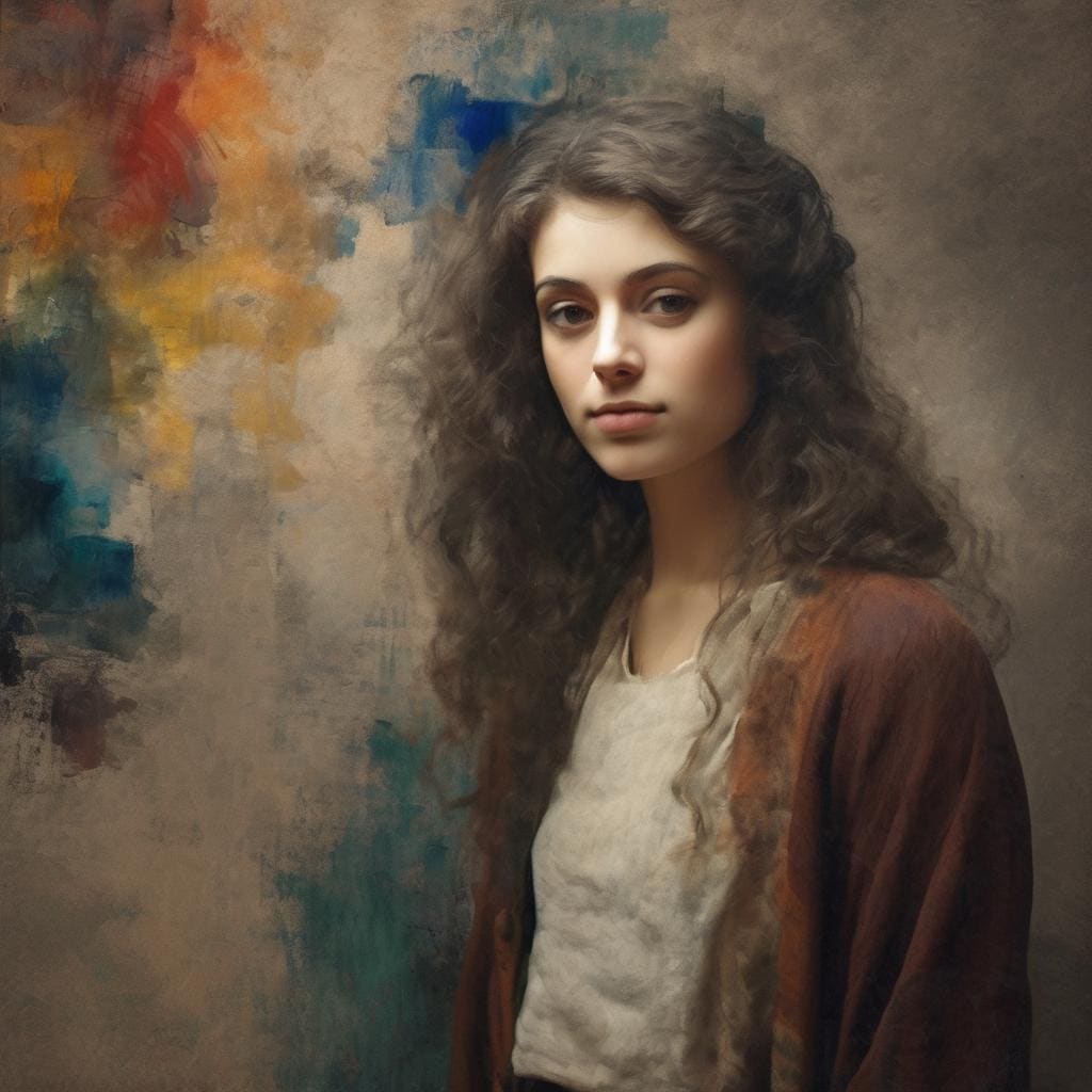 Μοντέρνα πορτραίτο γυναίκας με καφέ μπουφάν και σκοτεινά μαλλιά, αφηρημένο φόντο, καλλιτεχνική φωτογραφία, τέχνη και προσωπική ιστορία.