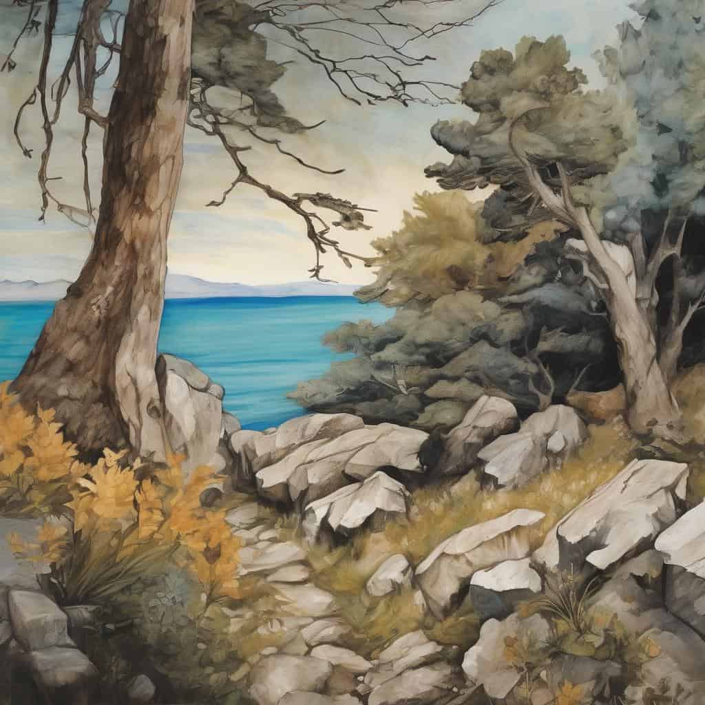 Παράξενο δάσος με πεύκα και βράχους κοντά στη λίμνη, σε τοπίο με ήρεμο φυσικό περιβάλλον.