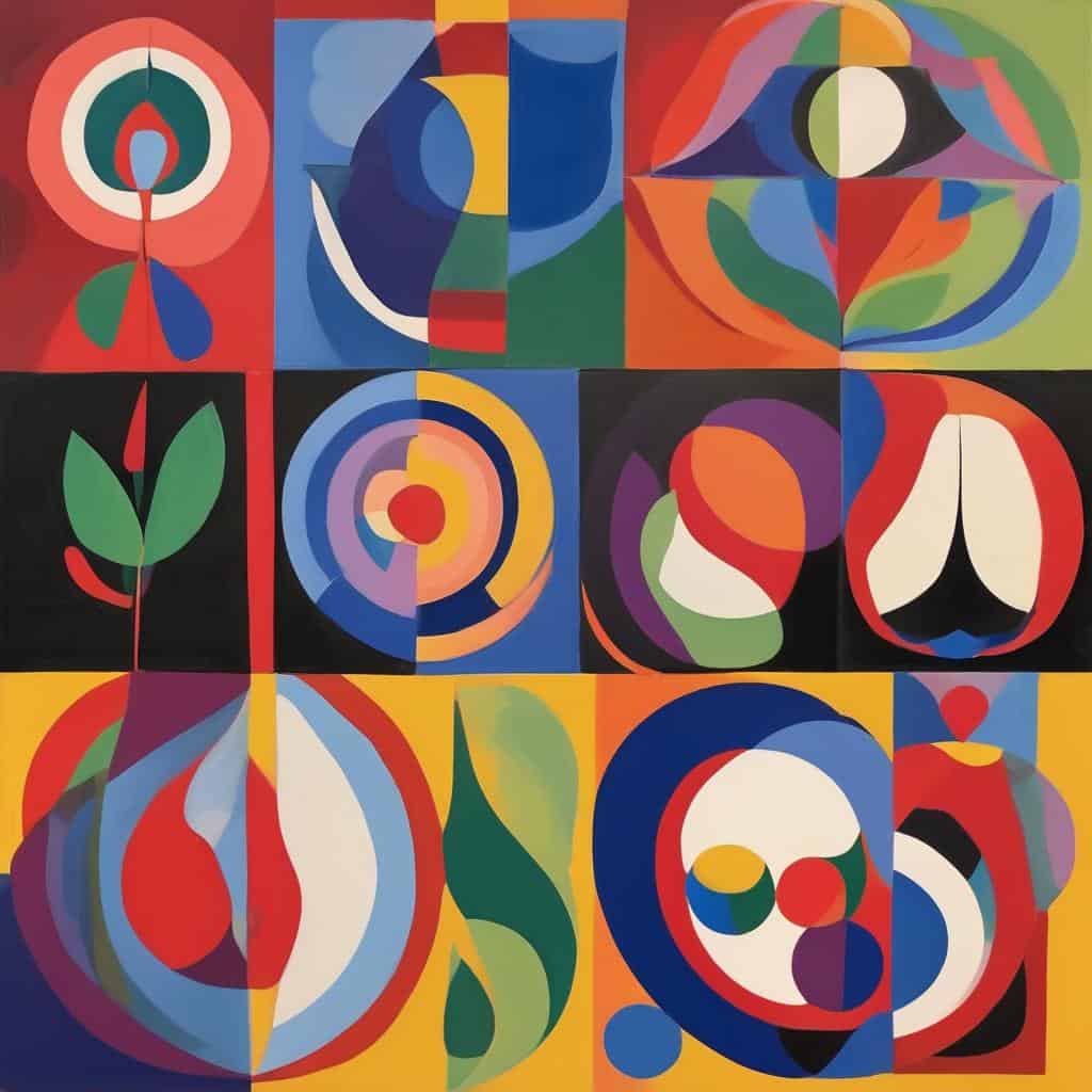 Χρώματα και γεωμετρικά σχήματα σε αφηρημένο έργο τέχνης, εμβάθυνση στην προσωπική ιστορία της τέχνης.