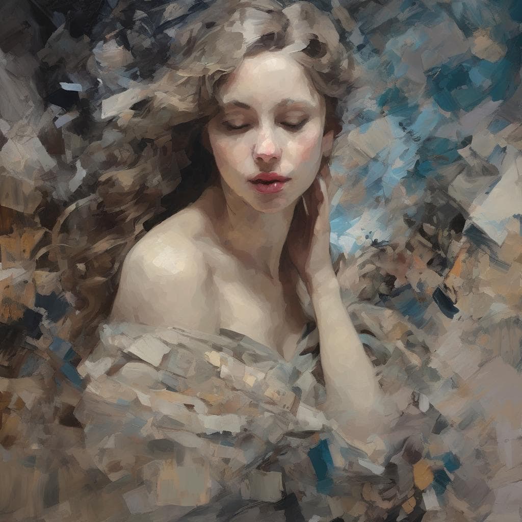 Ομορφη γυναίκα με κλειστά μάτια, σε καλλιτεχνικό πορτρέτο, αφηρημένο και ζωγραφικό στυλ, με έντονες λεπτομέρειες και ευαισθησία.